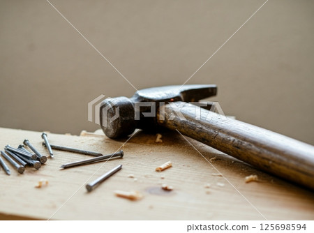Hammer and nails on wooden surface, carpentry concept 125698594