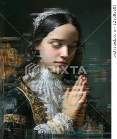 Classical woman portrait with digital glitch effect in renaissance style 125698603