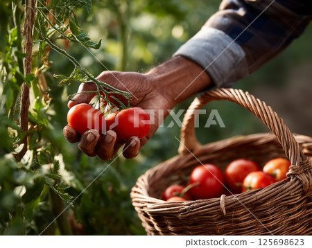 Farmer harvesting ripe tomatoes in a wicker basket Farmer harvesting ripe tomatoes in a wicker basket 125698623