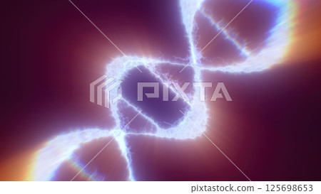 A close-up of a glowing DNA helix in a scientific, futuristic representation with electric energy 125698653