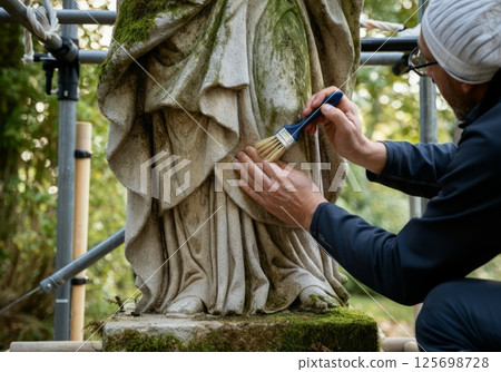 Restorer cleaning moss and dirt from an ancient stone statue with brush 125698728