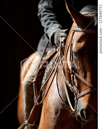 Horse rider making final tack check before leaving stable saddle Horse rider making final tack check before leaving stable saddle 125698751