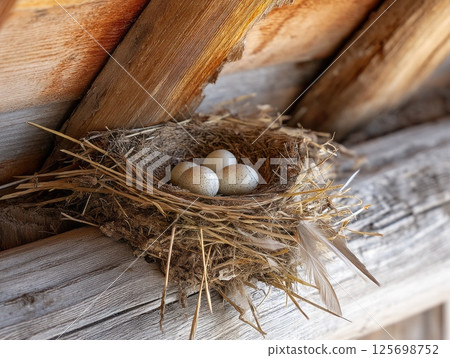 Sparrow nest with eggs tucked under wooden eaves, new life beginning Sparrow nest with eggs tucked under wooden eaves, new life beginning 125698752