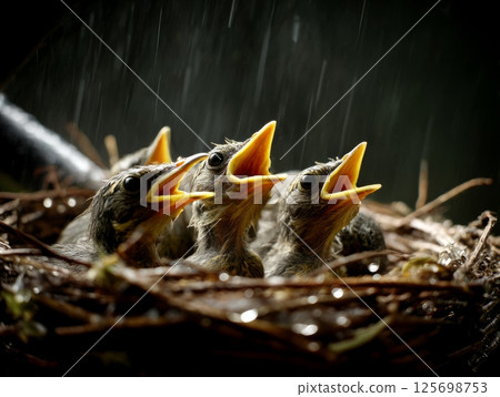 Hungry baby birds with open beaks in nest during rainfall Hungry baby birds with open beaks in nest during rainfall 125698753