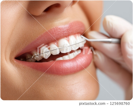 Dentist applying braces to patient's teeth for orthodontic treatment Dentist applying braces to patient's teeth for orthodontic treatment 125698760