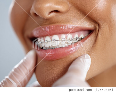 Dentist applying braces to patient's teeth for orthodontic treatment 125698761