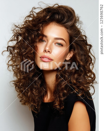 Portrait of a beautiful young woman with voluminous curly hair, looking over her shoulder with a confident and stylish expression 125698762