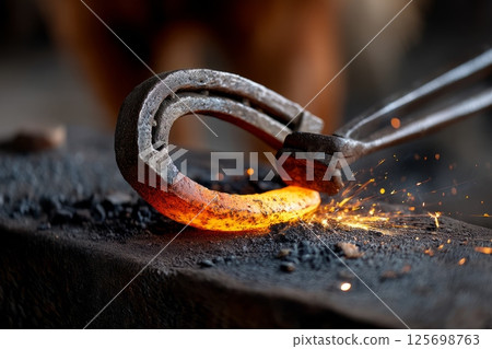 Close-up of hot horseshoe being forged on anvil with sparks flying 125698763