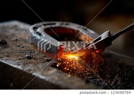 Close-up of hot horseshoe being forged on anvil with sparks flying 125698764