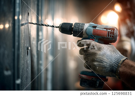 Construction worker using cordless drill on drywall panel 125698831