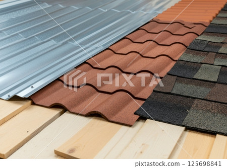 Different roofing materials samples on wooden base, comparison of roof covering types 125698841