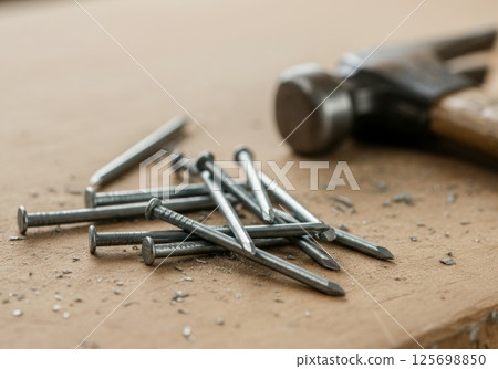 Hammer and nails resting on wooden surface with metal shavings 125698850