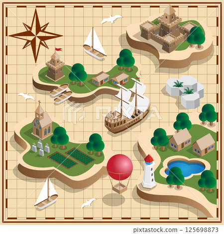 The medieval landscape of the islands. Antique map. Isometric. Vector illustration. The medieval landscape of the islands. Antique map. Isometric. Vector illustration. 125698873