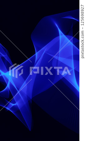 Elegant digital mesh of blue light ribbons crossing over a dark backdrop, forming an abstract waveform 125698927