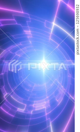 Bright white starburst in the center of a glowing purple-blue circular grid. Sci-fi energy explosion effect 125698932