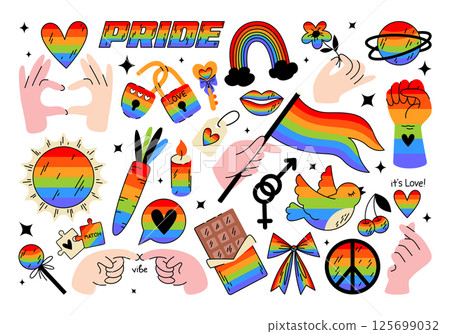 Set of colorful gender stickers in retro cartoon style. Flat vector illustration, symbol, icon. LGBTQI pride month celebration, tolerance, June, orientation, gender, rainbow, equality, gay, lesbian. Set of colorful gender stickers in retro cartoon style. Flat vector illustration, symbol, icon. LGBTQI pride month celebration, tolerance, June, orientation, gender, rainbow, equality, gay, lesbian. 125699032
