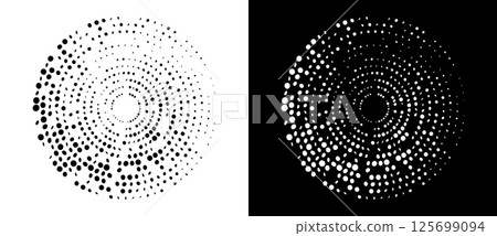 Modern abstract background. Halftone dots in circle form. Round logo. Vector dotted frame. Design element or icon. Black shape on a white background and the same white shape on the black side. 125699094