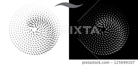 Modern abstract background. Waves in circle form. Round logo or icon, design element. Black shape on a white background and the same white shape on the black side. Modern abstract background. Waves in circle form. Round logo or icon, design element. Black shape on a white background and the same white shape on the black side. 125699107