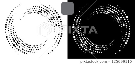 Spiral dotted background with squares. Yin and yang style. Design element or icon. Black shape on a white background and the same white shape on the black side. Spiral dotted background with squares. Yin and yang style. Design element or icon. Black shape on a white background and the same white shape on the black side. 125699110