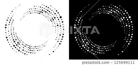 Circle abstract background with dynamic halftone dots in spiral. Yin and yang style. Black shape on a white background and the same white shape on the black side. 125699111