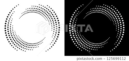 Circle abstract background with dynamic halftone dots in spiral. Yin and yang style. Black shape on a white background and the same white shape on the black side. 125699112