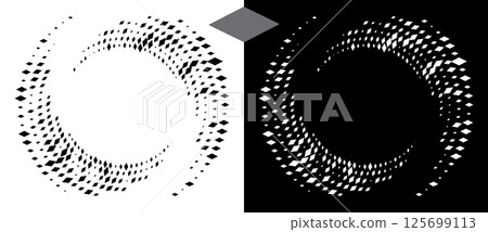 Spiral dotted background with rhombuses. Yin and yang style. Design element or icon. Black shape on a white background and the same white shape on the black side. Spiral dotted background with rhombuses. Yin and yang style. Design element or icon. Black shape on a white background and the same white shape on the black side. 125699113