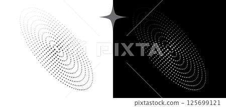 Abstract background vector circle with perspective.  Halftone stars in oval. Round logo, design element or icon. Black shape on a white background and the same white shape on the black side. 125699121