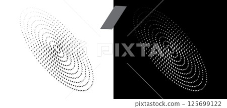 Abstract background vector circle with perspective. Halftone quadrangles in oval. Round logo, design element or icon. Black shape on a white background and the same white shape on the black side. Abstract background vector circle with perspective. Halftone quadrangles in oval. Round logo, design element or icon. Black shape on a white background and the same white shape on the black side. 125699122