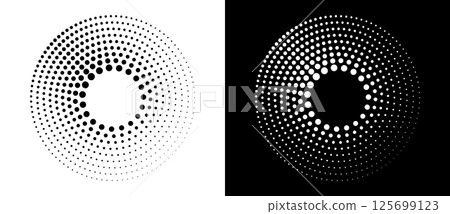 Modern abstract background. Halftone dots in circle form. Round logo. Vector dotted frame. Design element or icon. Black shape on a white background and the same white shape on the black side. Modern abstract background. Halftone dots in circle form. Round logo. Vector dotted frame. Design element or icon. Black shape on a white background and the same white shape on the black side. 125699123