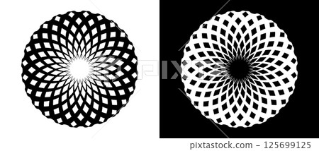 Circle with lines as dynamic abstract vector background or logo or icon. Flower concept. Black spiral on white background and white spiral on black background. Circle with lines as dynamic abstract vector background or logo or icon. Flower concept. Black spiral on white background and white spiral on black background. 125699125