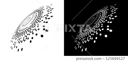 Abstract halftone dotted circle background. Creative halftone circle with dots vector in perspective view. A black figure on a white background and an equally white figure on the black side. 125699127