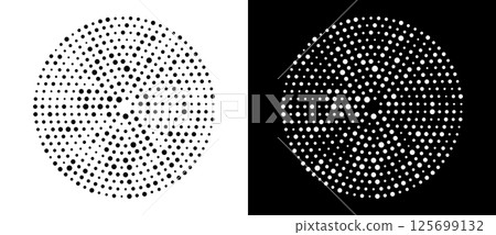 Modern abstract background. Halftone dots in circle form. Round logo. Vector dotted frame. Design element or icon. Black shape on a white background and the same white shape on the black side. Modern abstract background. Halftone dots in circle form. Round logo. Vector dotted frame. Design element or icon. Black shape on a white background and the same white shape on the black side. 125699132