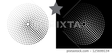 Abstract vector circle with halftone stars as logo or icon. Black shape on a white background and the same white shape on the black side. 125699134