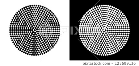 Modern abstract background. Halftone dots in circle form. Round logo. Vector dotted frame. Design element or icon. Black shape on a white background and the same white shape on the black side. Modern abstract background. Halftone dots in circle form. Round logo. Vector dotted frame. Design element or icon. Black shape on a white background and the same white shape on the black side. 125699136