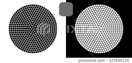 Halftone circles with squares.Abstract creative background or icon, logo, tattoo. Black shape on a white background and the same white shape on the black side. Halftone circles with squares.Abstract creative background or icon, logo, tattoo. Black shape on a white background and the same white shape on the black side. 125699138