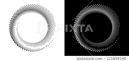 Modern abstract background. Halftone dots in spiral form. Round logo, design element or icon. Vector dotted frame. A black figure on a white background and an equally white figure on the black side. Modern abstract background. Halftone dots in spiral form. Round logo, design element or icon. Vector dotted frame. A black figure on a white background and an equally white figure on the black side. 125699146