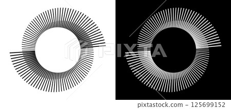 Spiral with lines as dynamic abstract vector background or logo or icon. Yin and Yang symbol. Black spiral on white background and white spiral on black background. 125699152