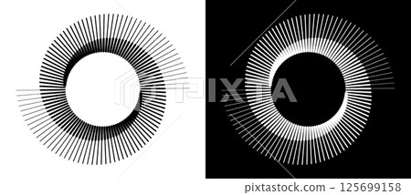 Spiral with lines as dynamic abstract vector background or logo or icon. Yin and Yang symbol. Black spiral on white background and white spiral on black background. 125699158