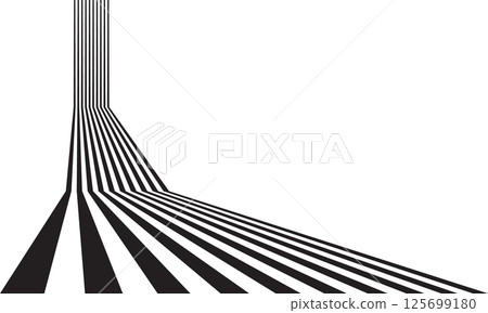 Black lines rise up to horizon  with perspective. Optical illusion effect with black lines over white background. 125699180