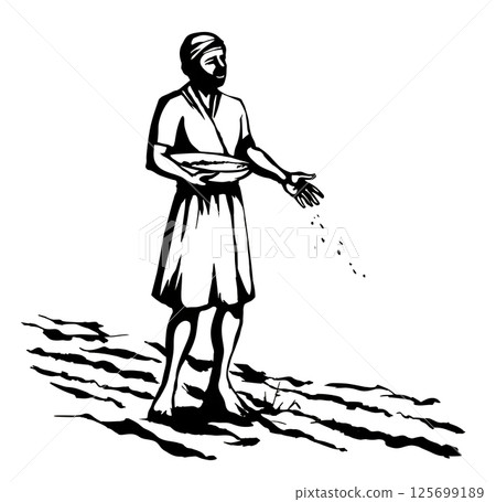 Vector drawing. A man sowing wheat Vector drawing. A man sowing wheat 125699189
