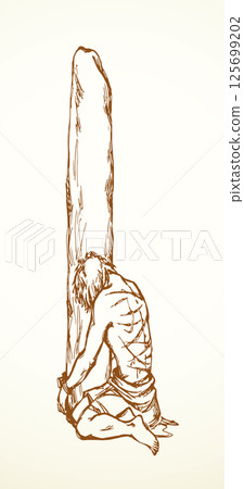 Vector drawing. Beaten man tied to a pole 125699202