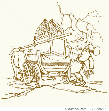 Vector drawing. The ark of the covenant being transported on a wooden cart pulled by two oxens Vector drawing. The ark of the covenant being transported on a wooden cart pulled by two oxens 125699213