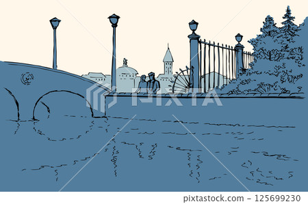 Vector landscape. Couple in love walking along the alleys of the park 125699230