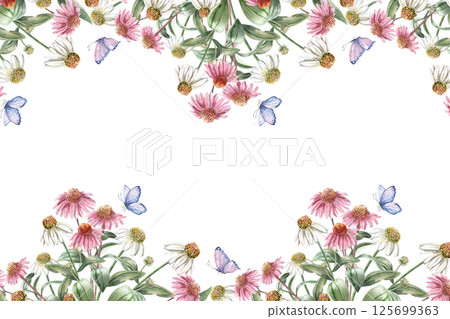 Rectangular frame with a bouquet of echinacea and a butterfly. Isolated watercolor illustration of bouquets for the design of packaging of cosmetic products, sweets, printing on clothes. Rectangular frame with a bouquet of echinacea and a butterfly. Isolated watercolor illustration of bouquets for the design of packaging of cosmetic products, sweets, printing on clothes. 125699363
