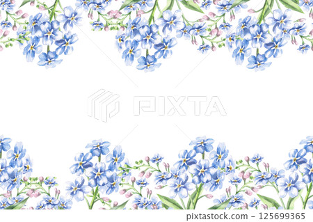 Rectangular frame with forget-me-not flowers. Isolated watercolor illustration of bouquets for design of packaging of cosmetic products, candies, printing on clothes 125699365