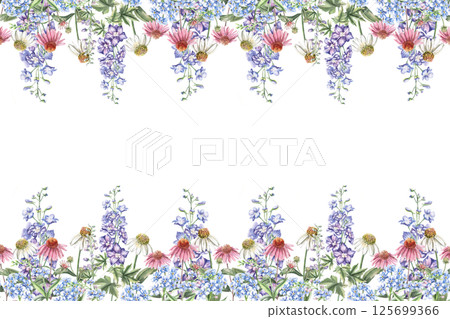 Rectangular frame with flowers of echinacea, forget-me-not and delphinium. Isolated watercolor illustration of bouquets for design of packaging of cosmetic products, candies, printing on clothes Rectangular frame with flowers of echinacea, forget-me-not and delphinium. Isolated watercolor illustration of bouquets for design of packaging of cosmetic products, candies, printing on clothes 125699366