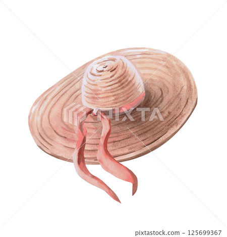 Summer women's straw hat with a pink ribbon. Isolated watercolor illustration on the theme of recreation for the design of shops, tourist sites, magazines. Summer women's straw hat with a pink ribbon. Isolated watercolor illustration on the theme of recreation for the design of shops, tourist sites, magazines. 125699367