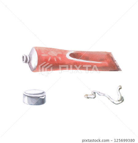 Open tube with squeezed out sunscreen and cap. Isolated watercolor illustration for seaside holiday posters, travel websites, poster printing Open tube with squeezed out sunscreen and cap. Isolated watercolor illustration for seaside holiday posters, travel websites, poster printing 125699380