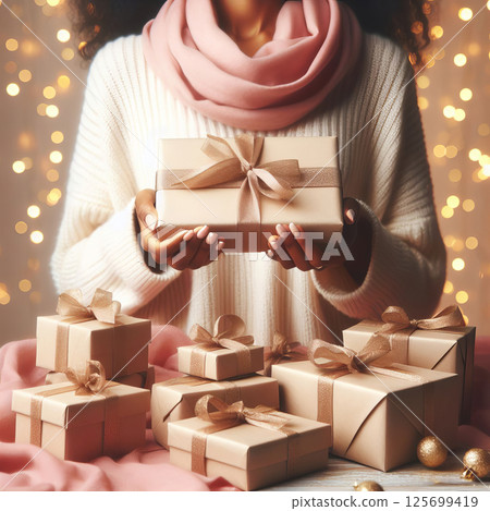 A woman in a cream sweater holds a beige gift, surrounded by similarly wrapped presents, creating a festive and warm atmosphere 125699419