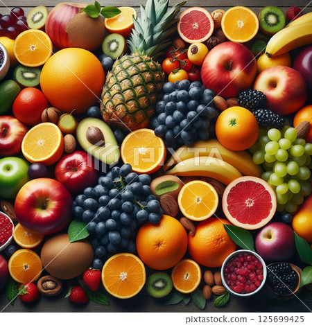 A vibrant, colorful flat lay showcasing an abundance of fresh fruits and nuts, perfect for healthy eating concepts 125699425